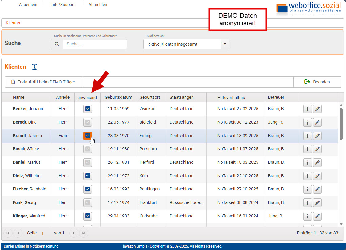 Hauptmenü Allgemein Belegungsplan